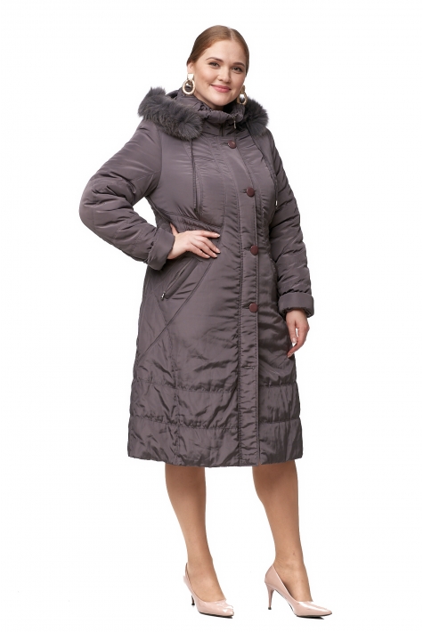 Женское пальто из текстиля с капюшоном, отделка песец 8012677