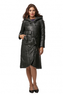 Черное женское кожаное пальто из натуральной кожи с капюшоном